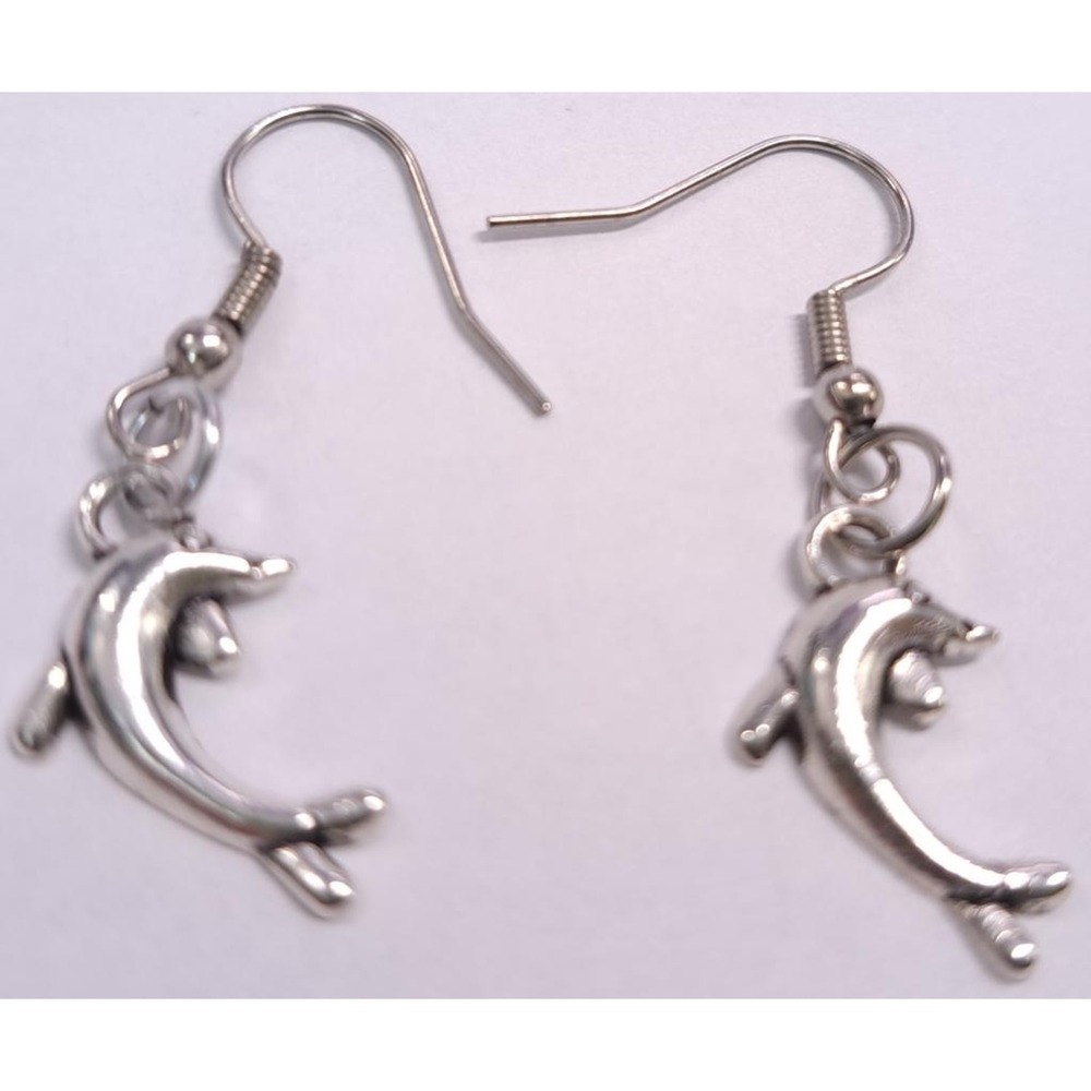 New Handmade Dolphin Dangle Earrings Silver Tone Marine Life Jewelry Aquatic Sea